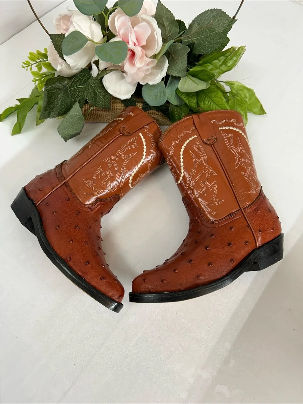 Kids Brown Ostrich-Textured Western Ankle Boots
